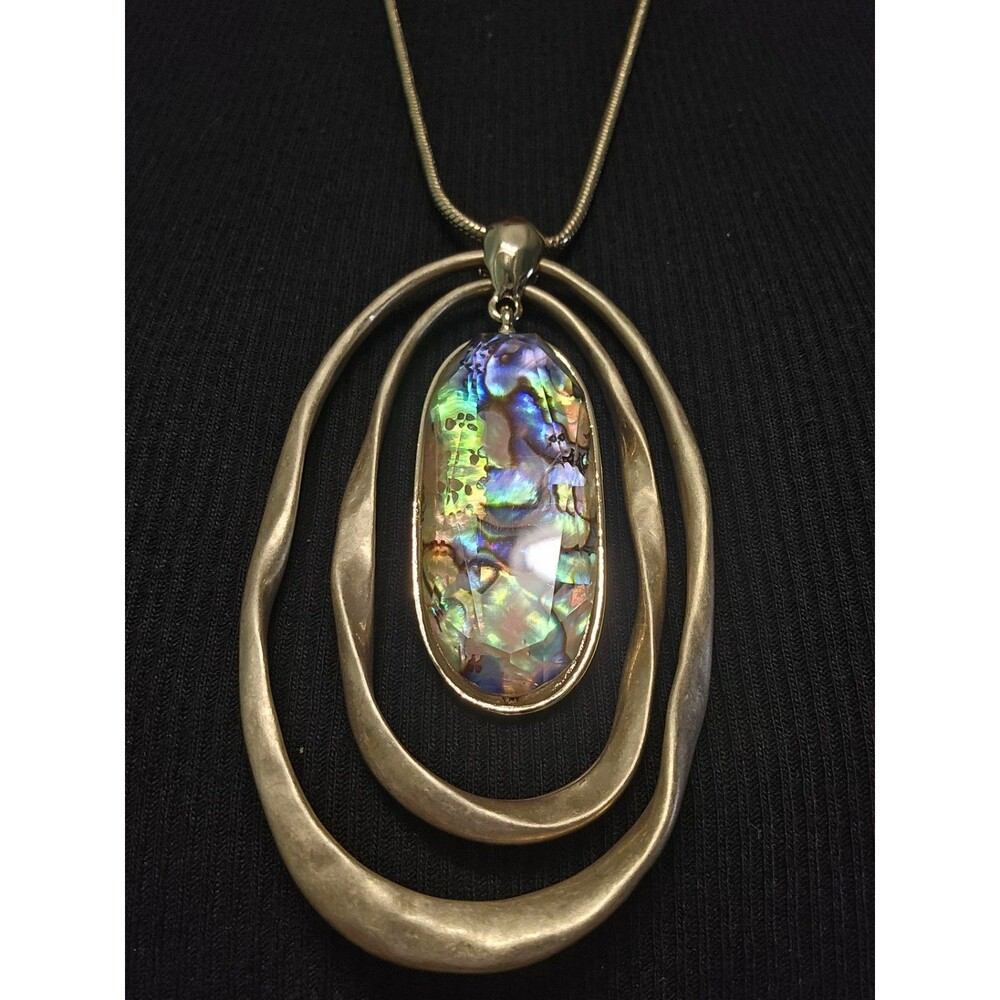 Gold Tone Necklace Oval Iridescent Abalone-Look Adjustable Slider Chain
